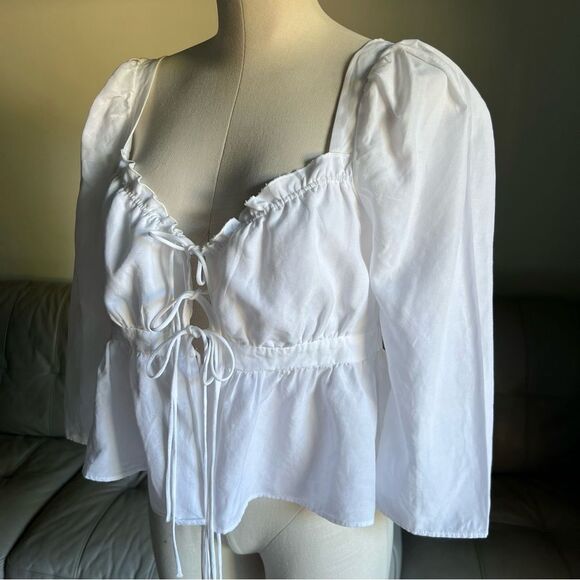 Brock Collection x H&M Sz M Lyocell Linen White Puff Sleeve Tie Top Blouse Chic - Picture 2 of 16